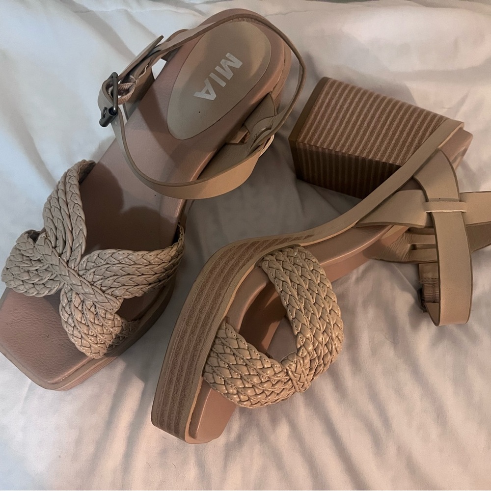 MIA Women's Beige Braided Wedge Sandals